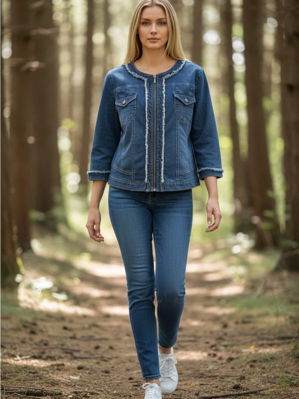 Style & Co. Blue Denim Jean Jacket with Fringe Trim